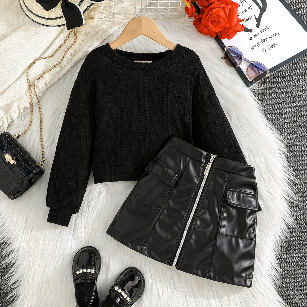 Girls Black Self-Design Long Sleeves Top With Skirt Sets Sets Black 3-4 Y