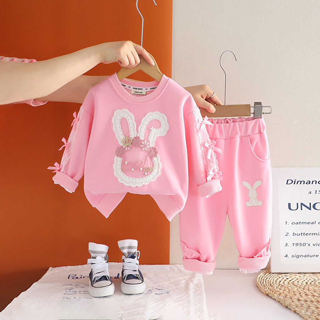 Girls Pink Rabbit Applique Sweatshirt With Joggers Set 2 pc. Sets Pink 1-2 Y