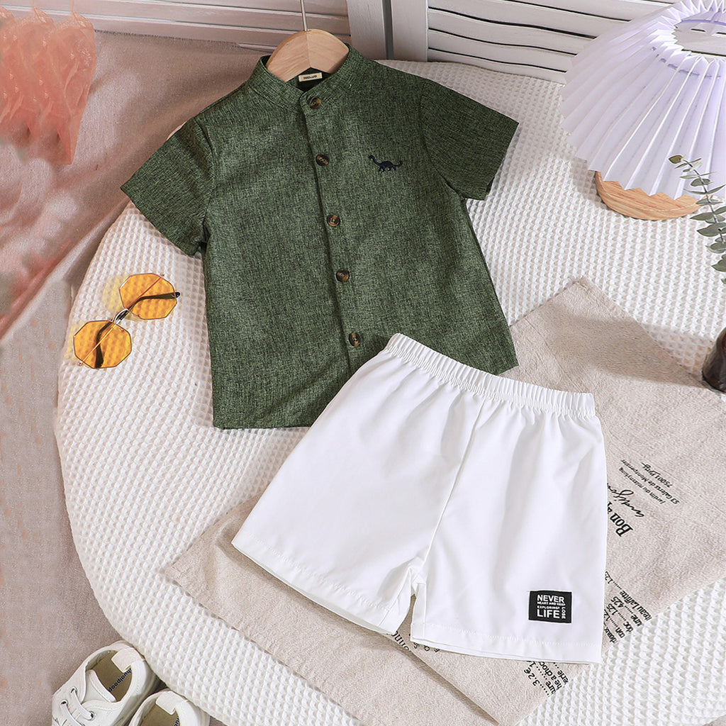 Boys Green Textured Short Sleeves Shirt With Shorts Set 2 pc. Sets Green 3-4 Y