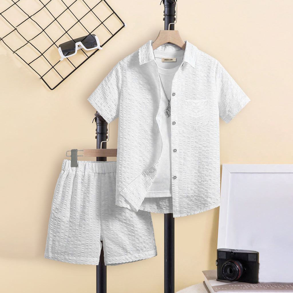 Boys White Self Designed Short Sleeves Shirt With Shorts Set 2 pc. Sets White 7-8 Y