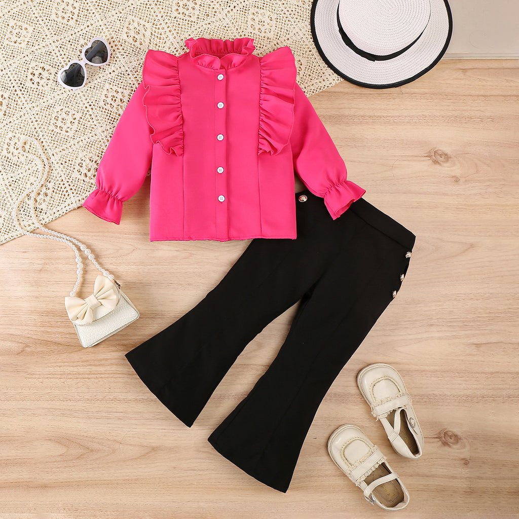 Girls Fuchsia Long Sleeves Ruffled Neck Top With Pants Set 2 pc. Sets Fuchsia 3-4 Y