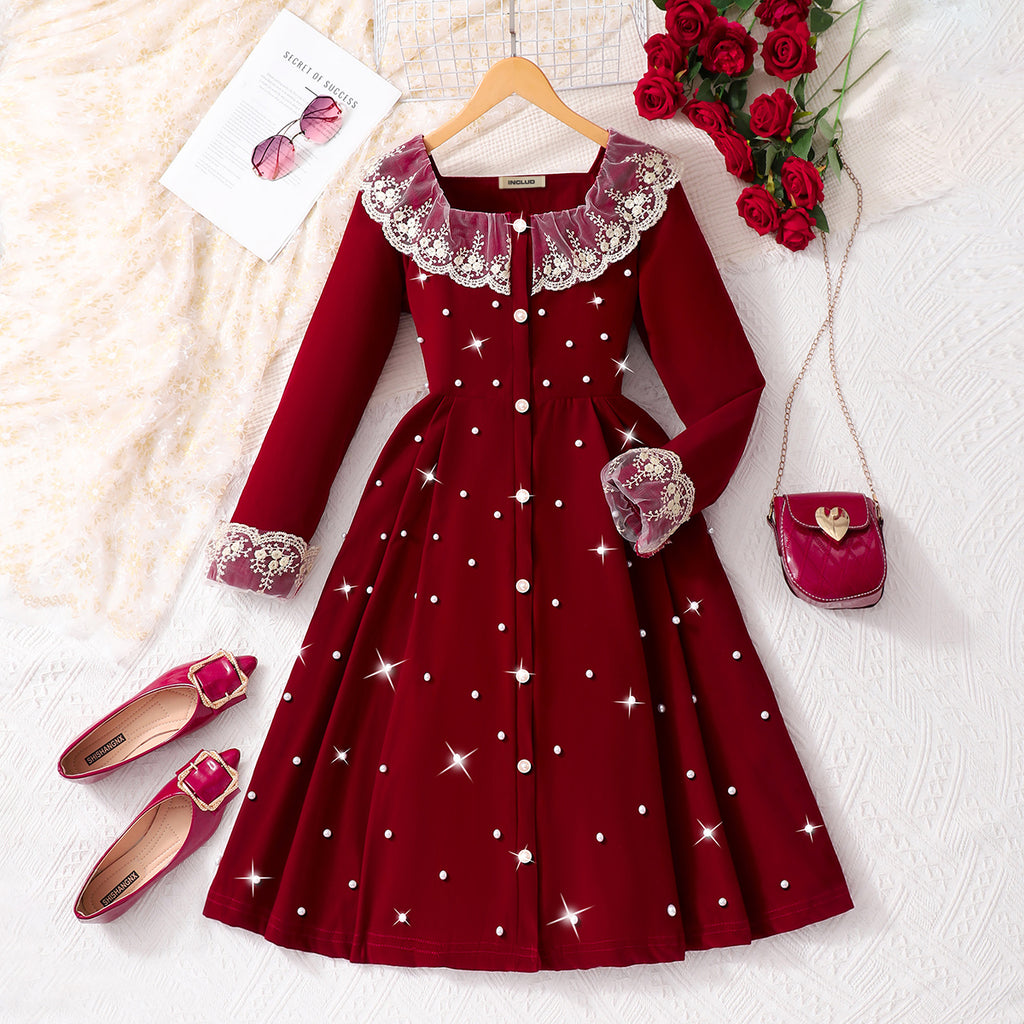 Girls Red Beaded Long Sleeves Maxi Dress Casual Dresses Red 12-13 Y