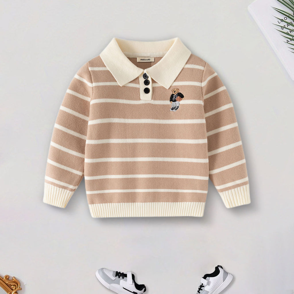 Boys Light Brown Polo Collar Sweatshirt With Self Design Stripe Patterns Sweaters & Cardigans Light Brown 2-3 Y