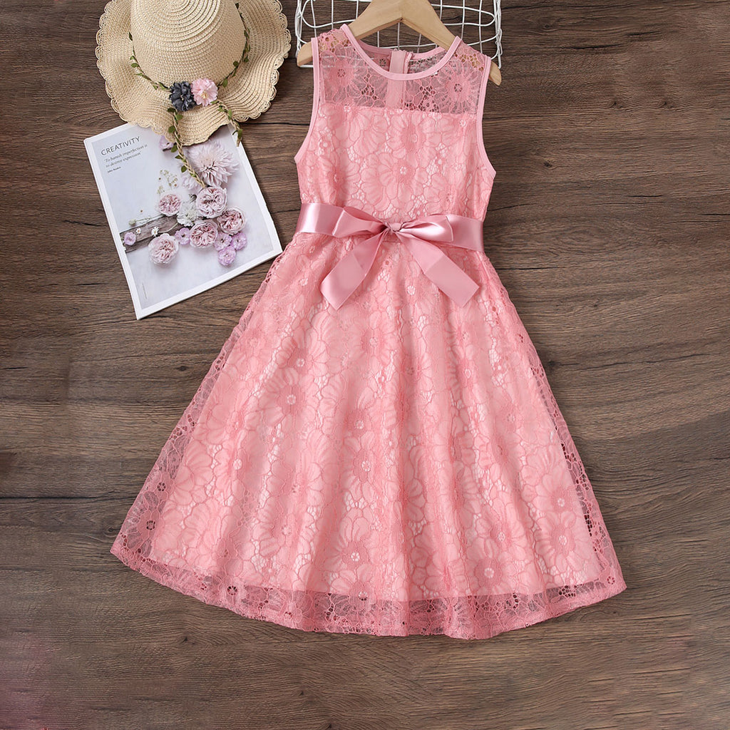 Girls Light Pink Embroidered Sleeveless Round Neck Dress Casual Dresses Light Pink 7-8 Y