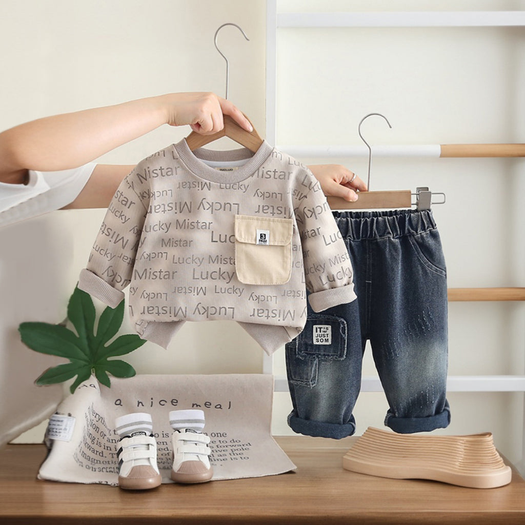 Boys Beige Typographic Printed Sweatshirt With Denim Trouser Sets 2 pc. Sets Beige 1-2 Y