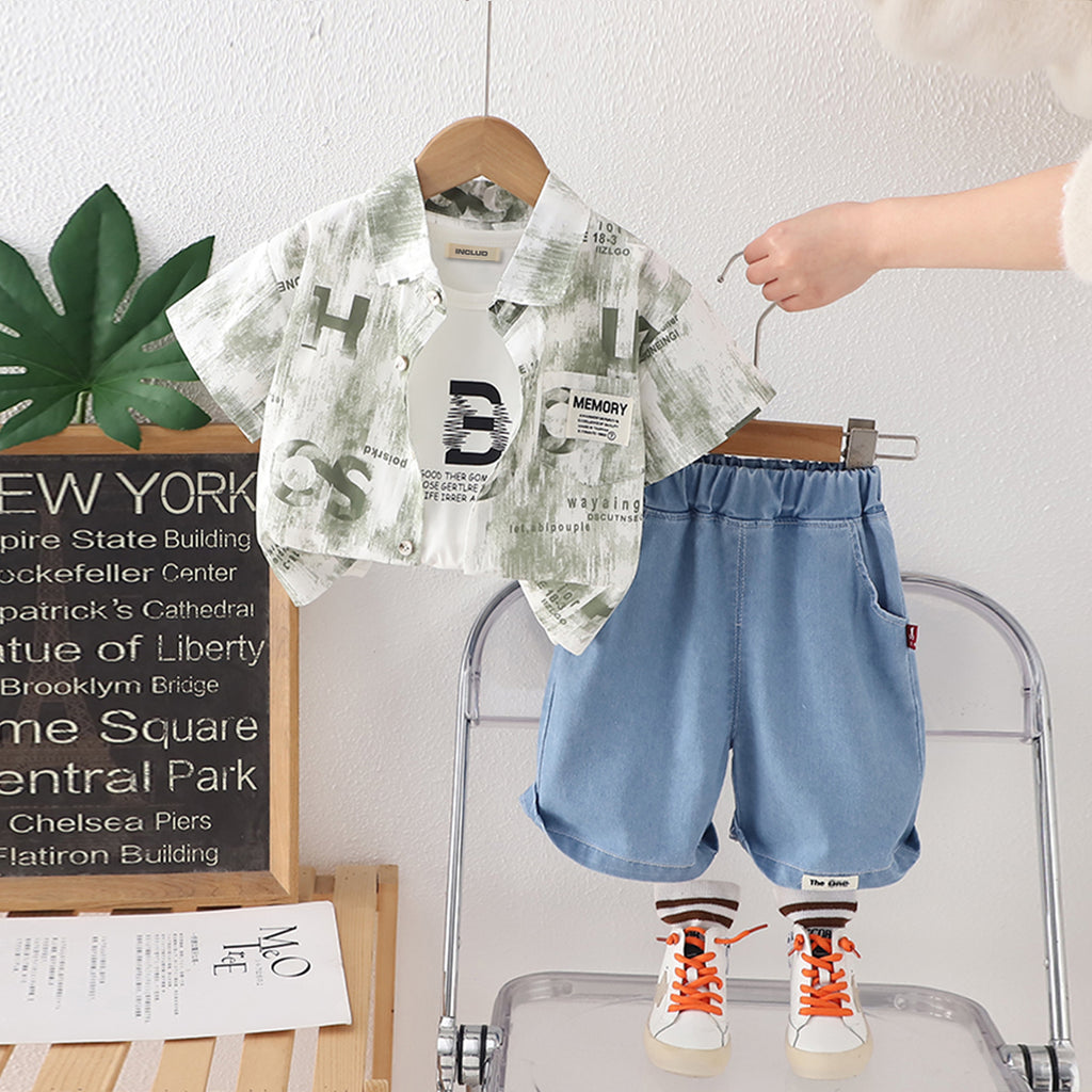 Boys Green Short Sleeves Printed Shirt With T-Shirt And Denim Shorts Set 3 pc. Sets