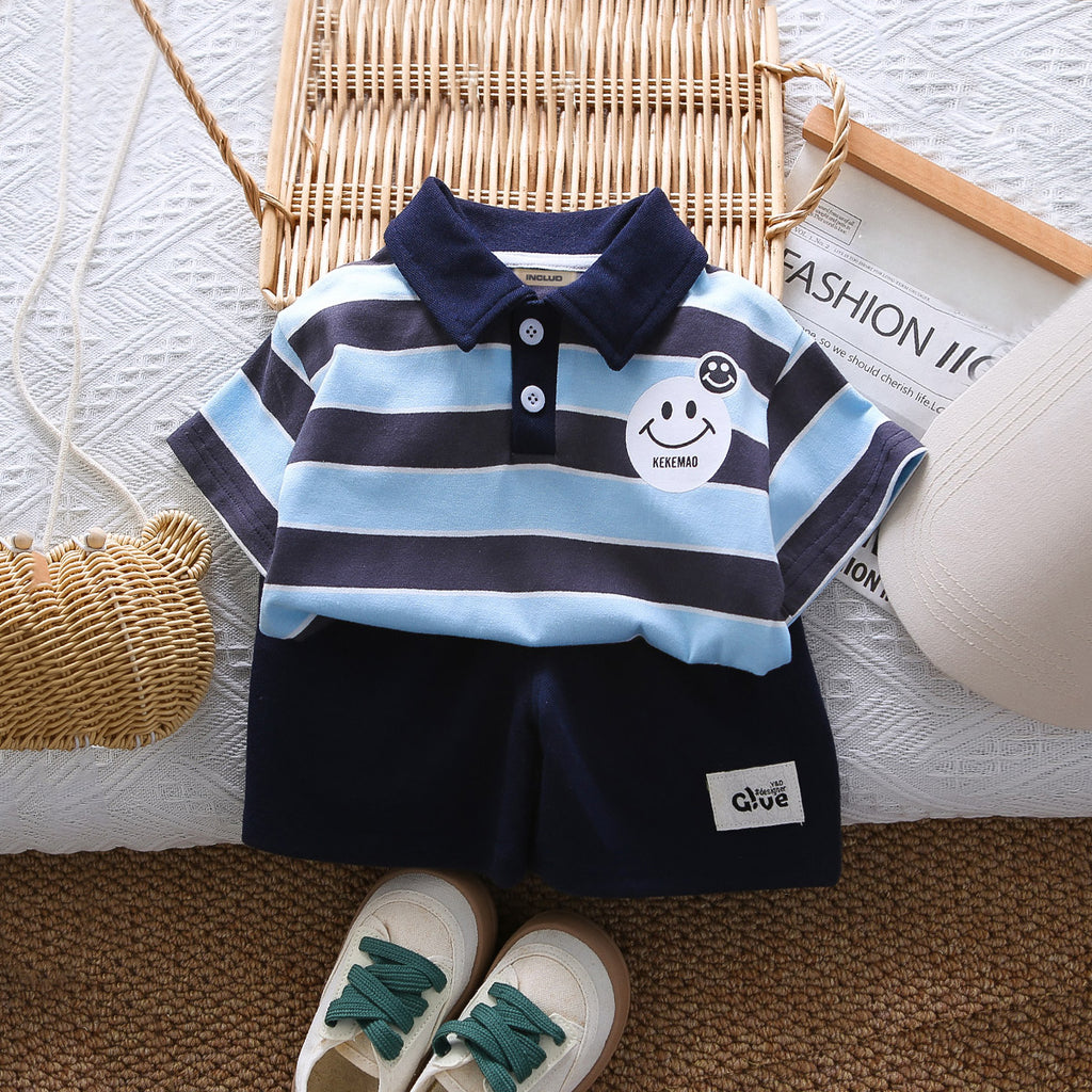 Boys Light Blue Striped Short Sleeves Polo T-Shirt With Shorts Set 2 pc. Sets Light Blue 1-2 Y