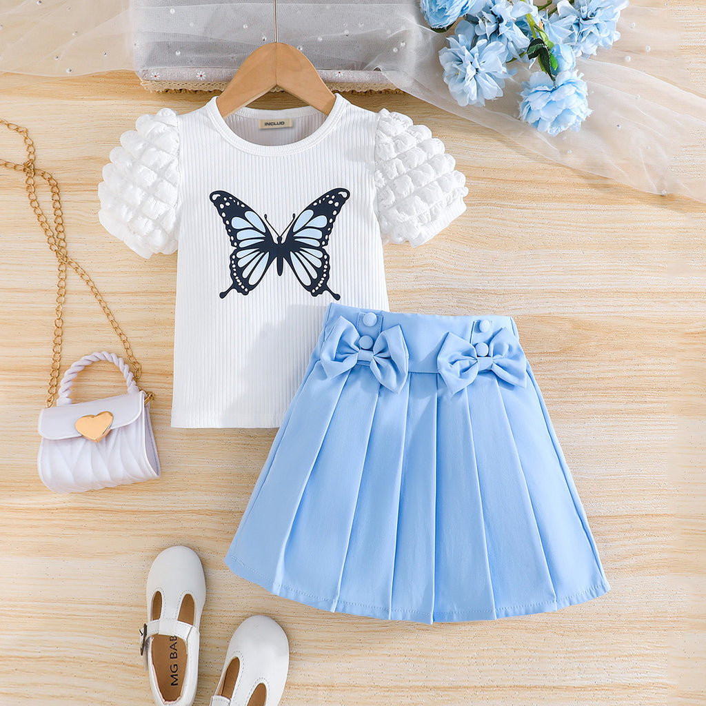 Girls Light Blue Butterfly Printed Summer Knitted Top With Skirt Set 2 pc. Sets Light Blue 2-3 Y