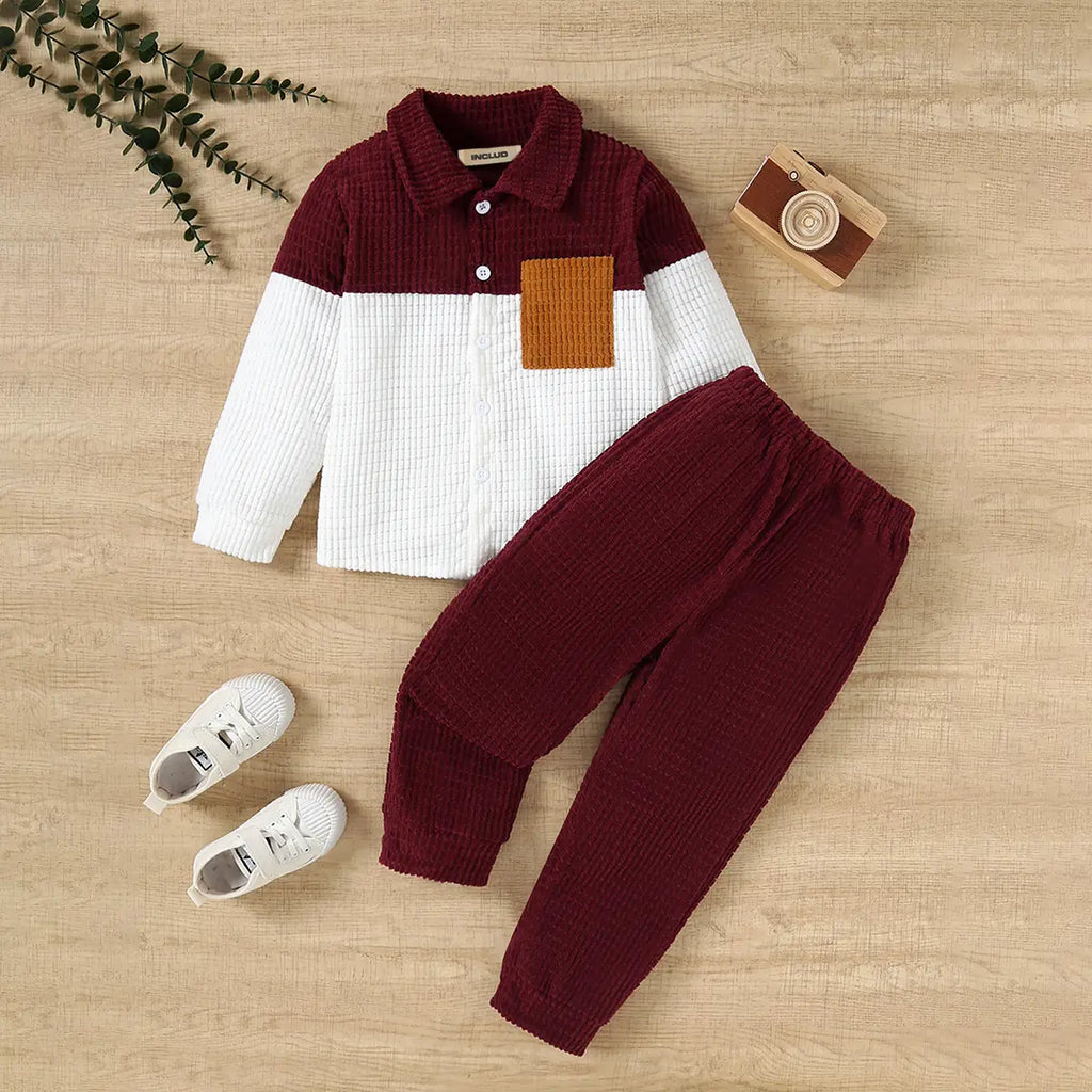 Boys Maroon Corduroy Shirt With Pant Sets Sets Maroon 3-4 Y