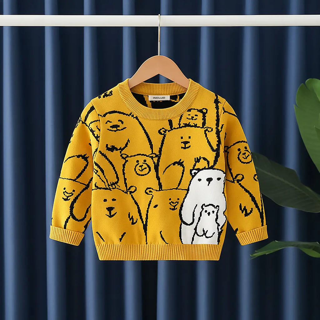 Boys Mustard Self-Design Allover Bear Pattern Knitted Sweater Sweaters & Cardigans Mustard 1-2 Y