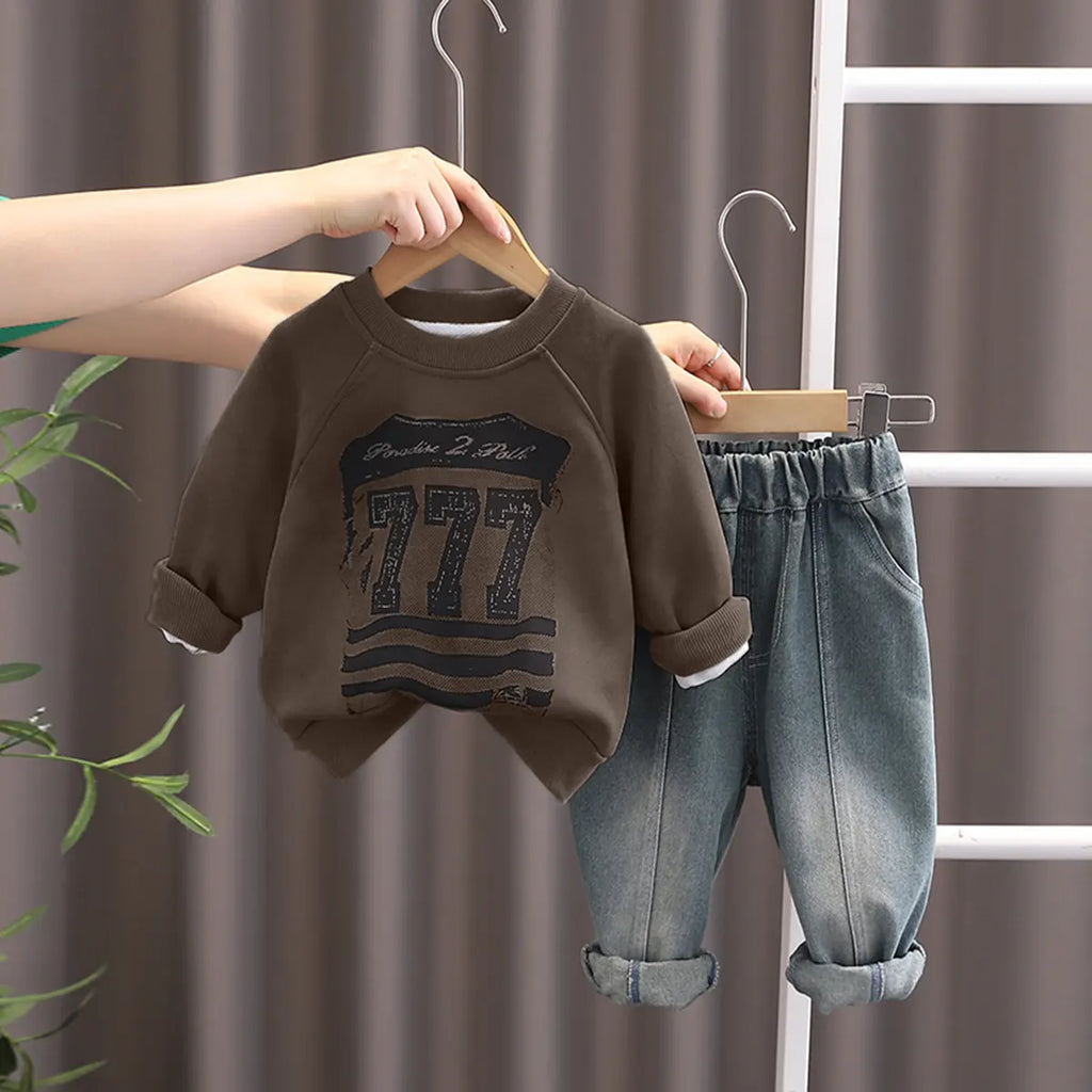 Boys Khaki Alphanumeric Printed Sweatshirt With Denim Pants Set 2 pc. Sets Khaki 1-2 Y