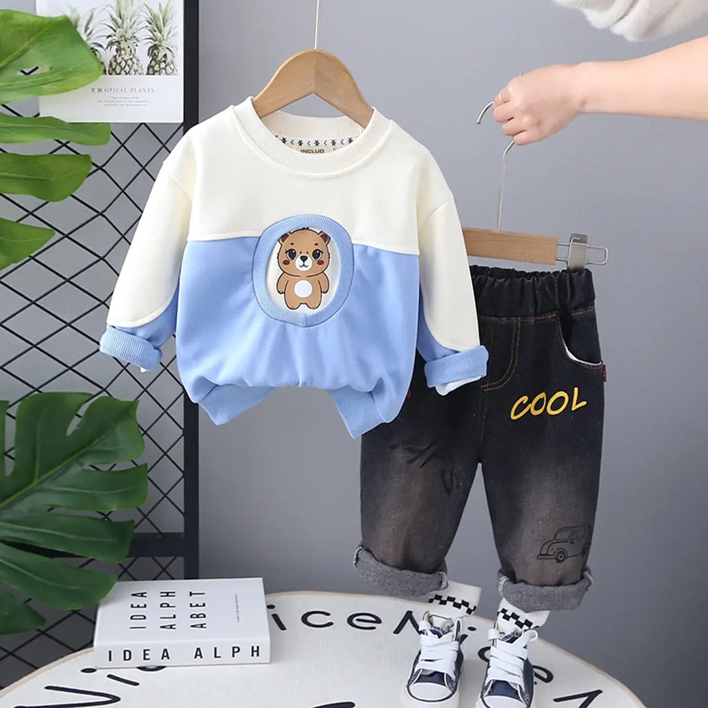 Boys Blue Graphics Printed Sweatshirt With Denim Pants Set Sets Blue 1-2 Y