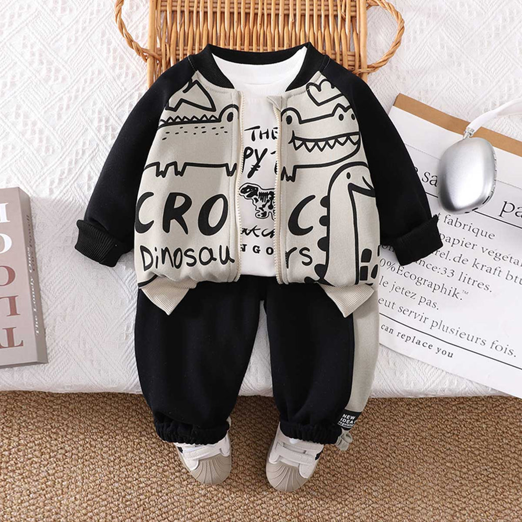 Boys Grey Dinosaur Printed Zipper Jacket with T-shirt & Joggers Set Sets Grey 1-2 Y