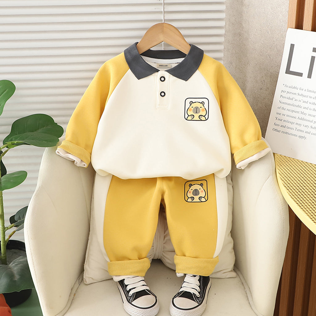Boys Yellow Capybara Printed Polo Neck Sweatshirt With Pant Set 2 pc. Sets Yellow 1-2 Y