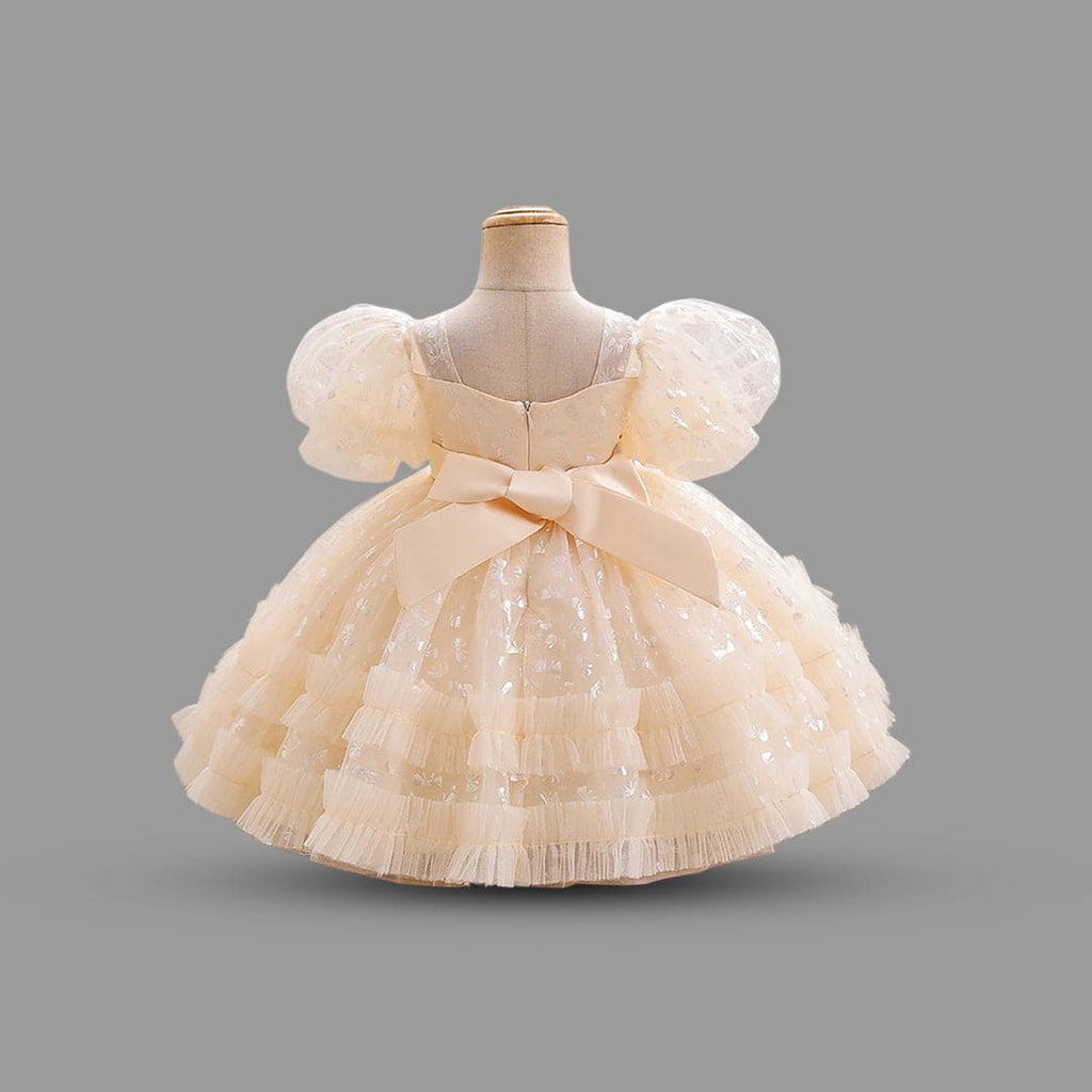Girls Puff Sleeve Foil Print Fit & Flare Dress Party Dresses Beige 1-2 Y 