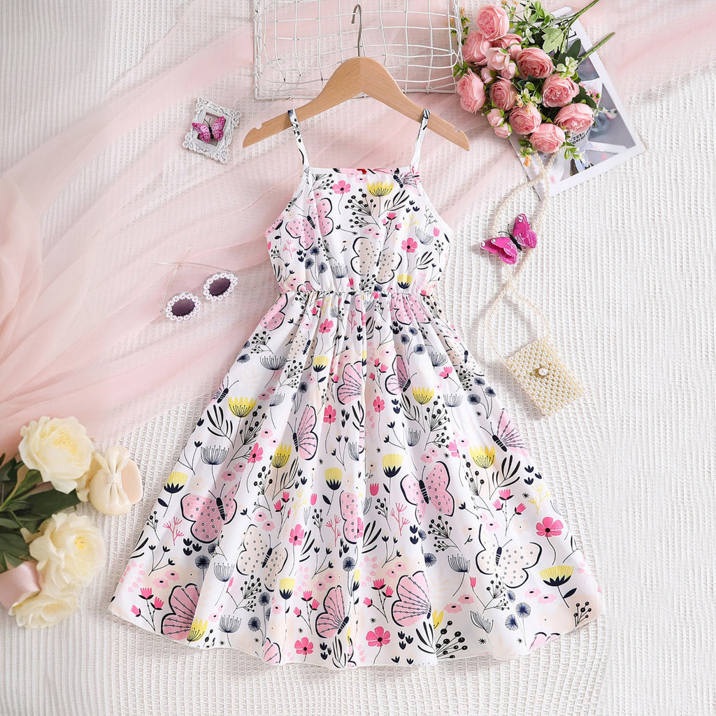 Girls Light Pink Butterfly Print Sleeveless Fit & Flare Casual Dress Casual Dresses Light Pink 3-4 Y