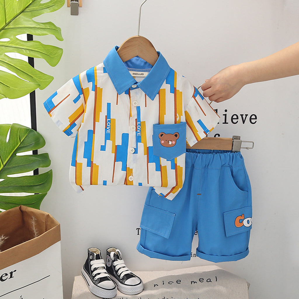 Boys Printed Short Sleeve Shirt With Shorts 2 pc. Sets Blue 1-2 Y 