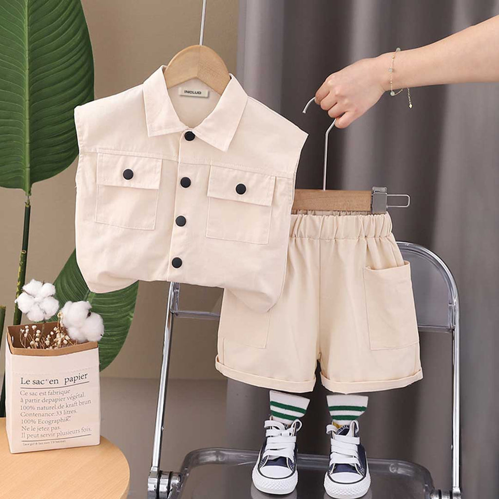 Boys Sleeveless Double Pocket Shirt With Shorts Set 2 pc. Sets Beige 1-2 Y 