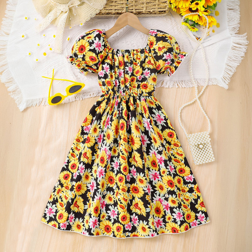 Girls Yellow Floral Printed Puff Sleeves Fit And Flared Summer Casual Dress Casual Dresses Yellow 3-4 Y