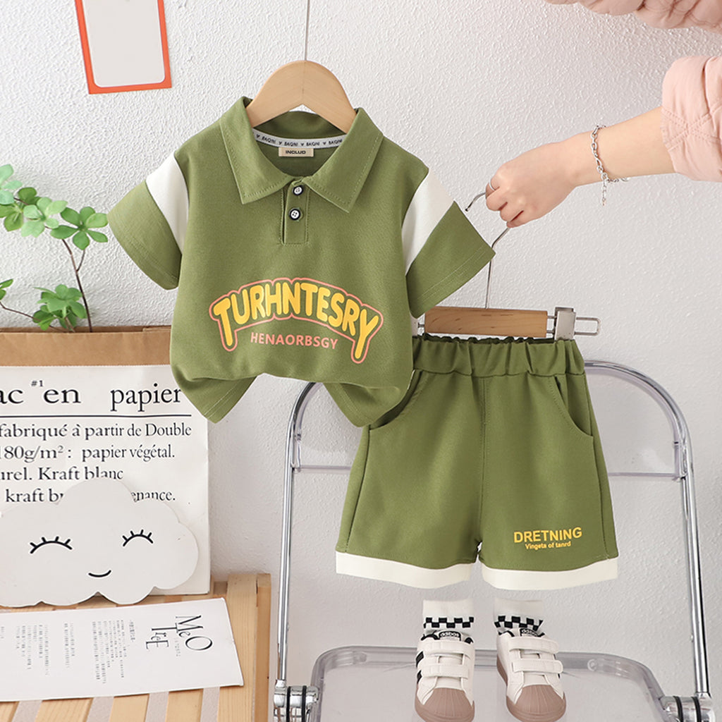 Boys Green Alphabetic Print Short Sleeves Polo T-Shirt With Shorts Set 2 pc. Sets Green 1-2 Y