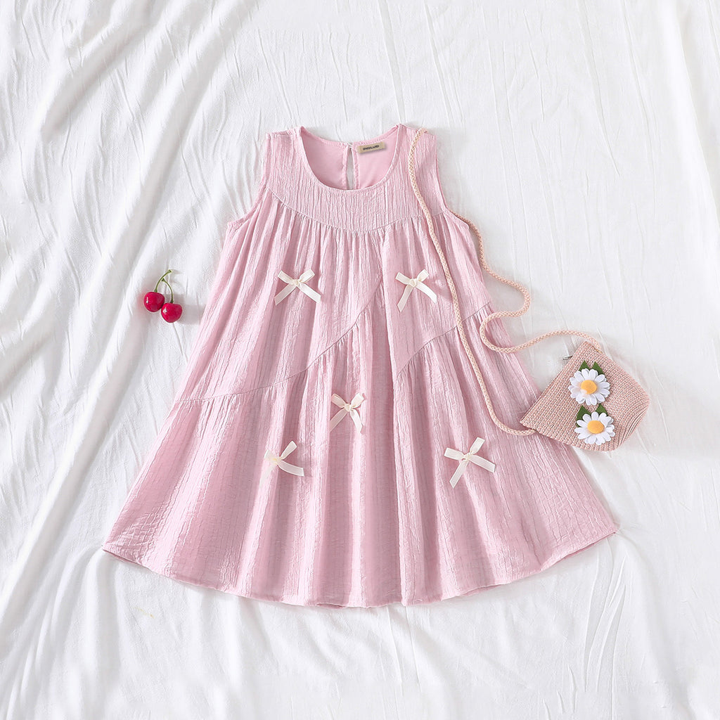 Girls Pink Bow Appliqued Sleeveless A-Line Casual Dress Casual Dresses Pink 3-4 Y
