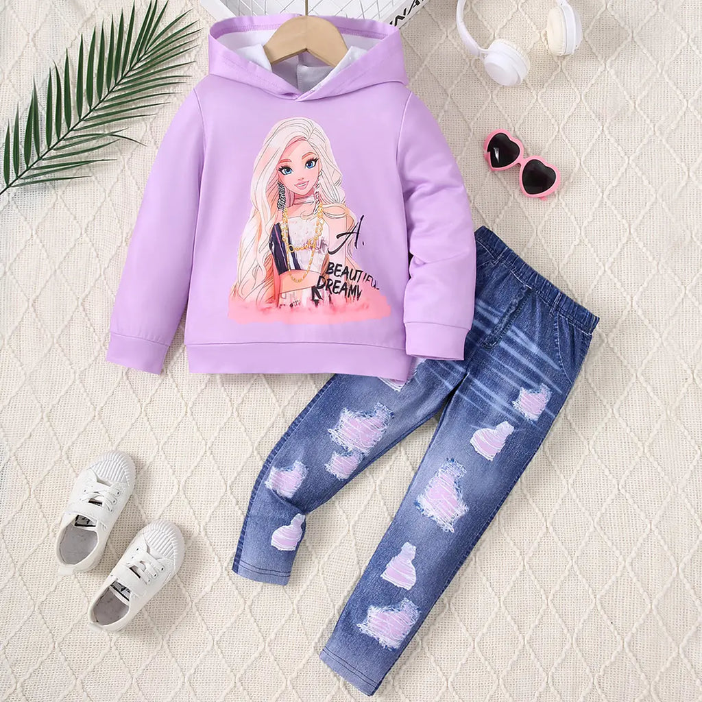 Girls Purple Graphics Printed Hooded Sweatshirt With Denim Pant Sets Sets Purple 3-4 Y