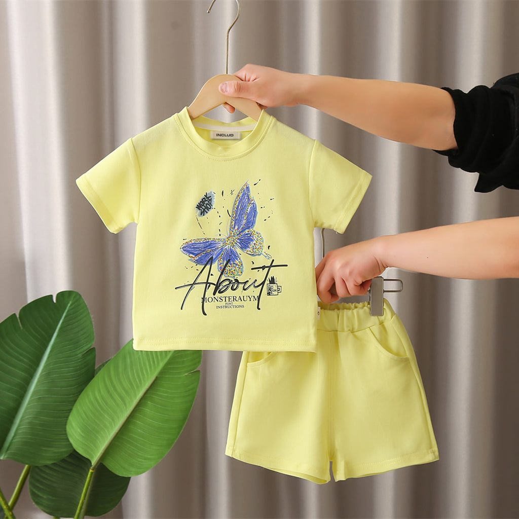 Boys Yellow Butterfly Printed Short Sleeves T-Shirt With Shorts Set 2 pc. Sets Yellow 1-2 Y