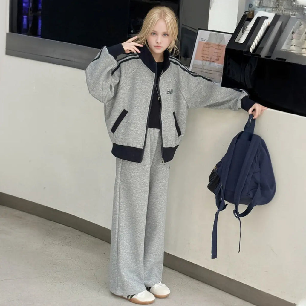 Girls Grey Zipper Jacket With Pant Sets Sets Grey 5-6 Y