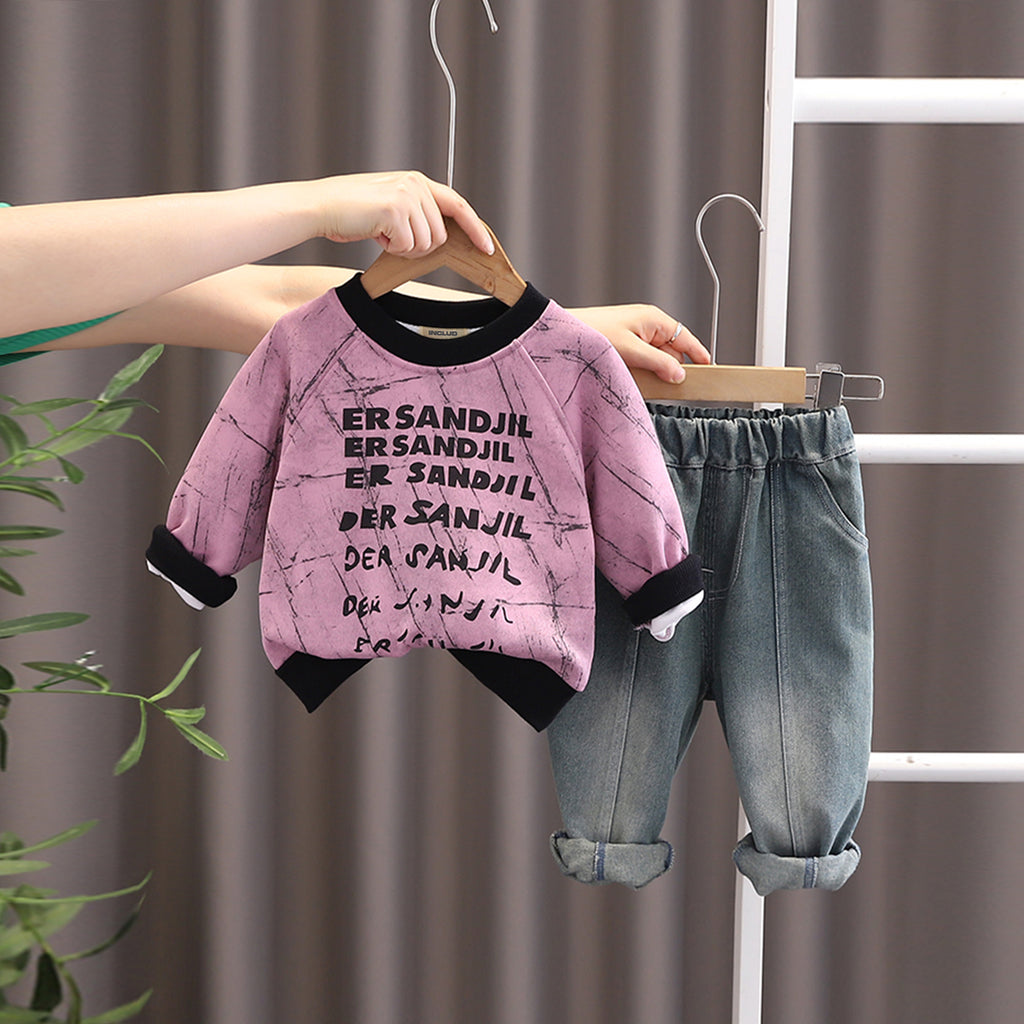 Boys Purple Typographic Printed Sweatshirt With Denim Pants Set 2 pc. Sets Purple 1-2 Y