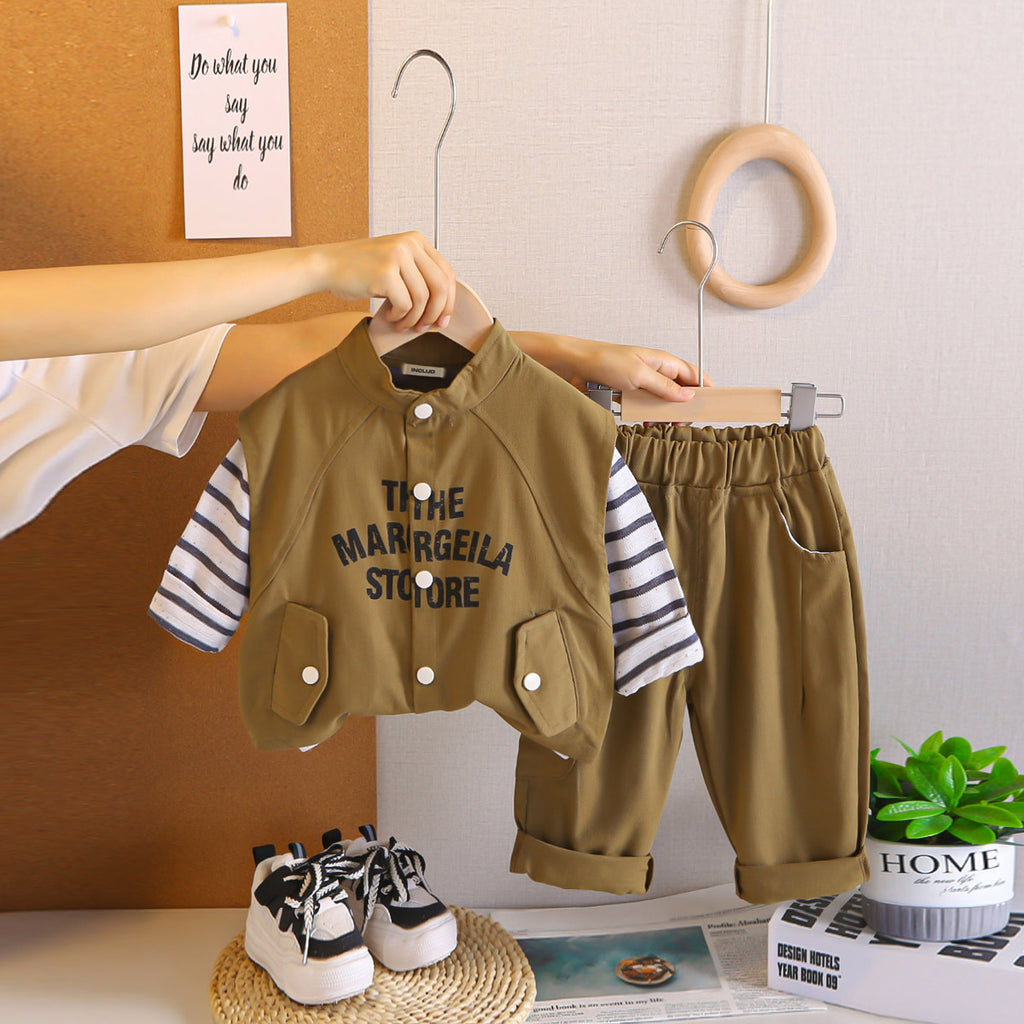 Boys Brown Typographic Printed Sleeveless Jacket With Striped T-Shirt & Pants Set Sets Brown 1-2 Y