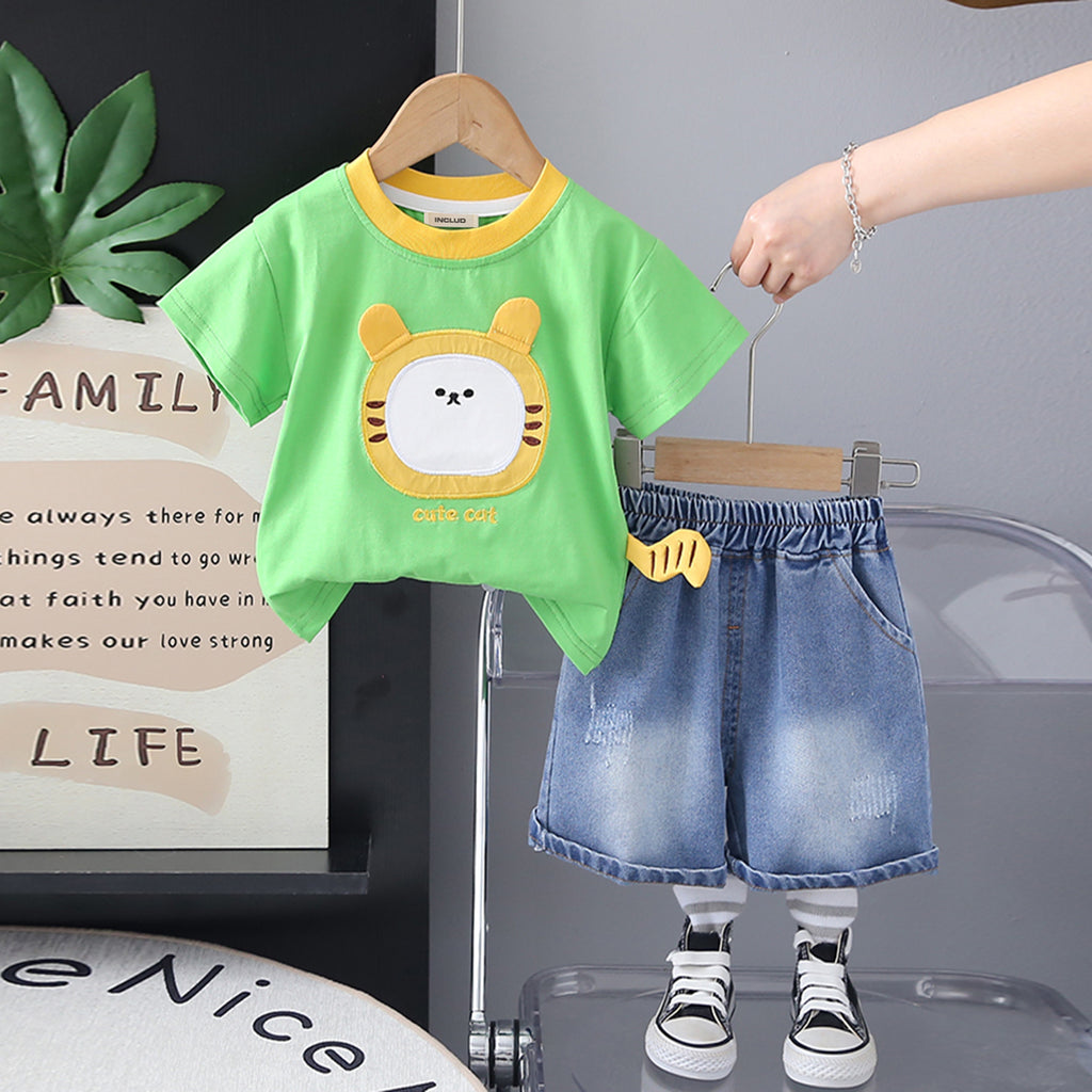 Boys Green Cat Appliqued Short Sleeves T-Shirt With Denim Shorts Set 2 pc. Sets Green 1-2 Y
