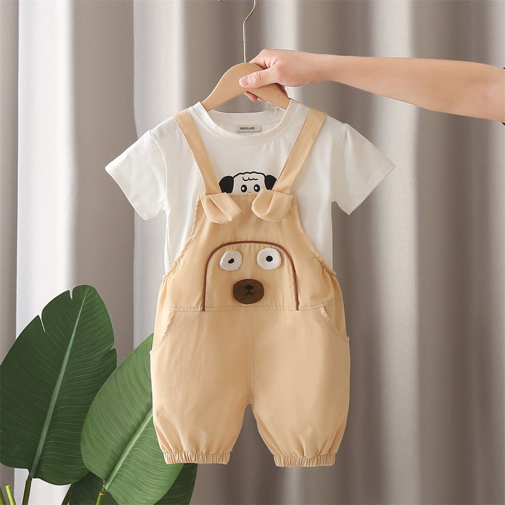 Boys Beige Dog Patched Dungaree With T-Shirts Set 2 pc. Sets Beige 1-2 Y