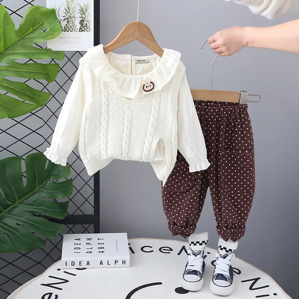 Girls White Self-Design Sweater Vest With Top & Polka Printed Jogger Sets Sets White 1-2 Y