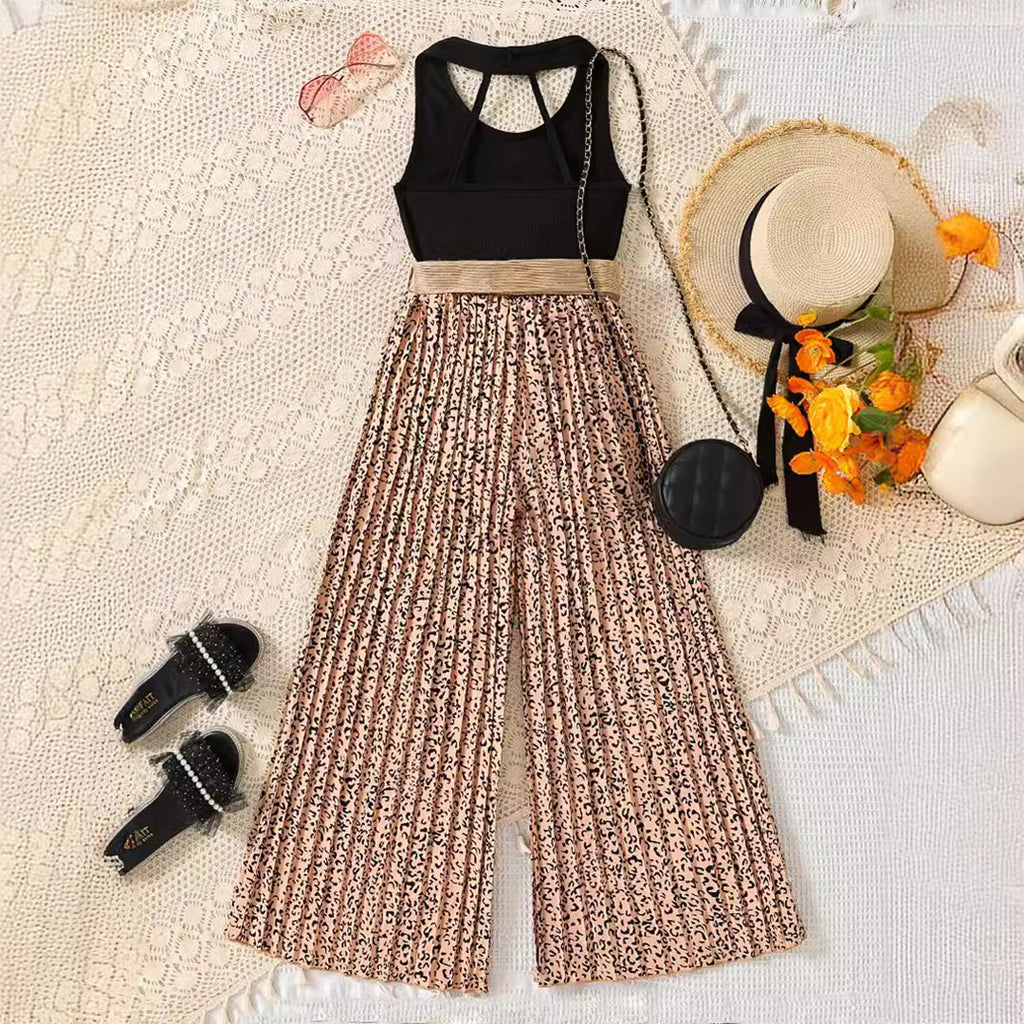 Girls Sleeveless Top With Printed Straight Leg Pants Set Sets Black 5-6 Y 