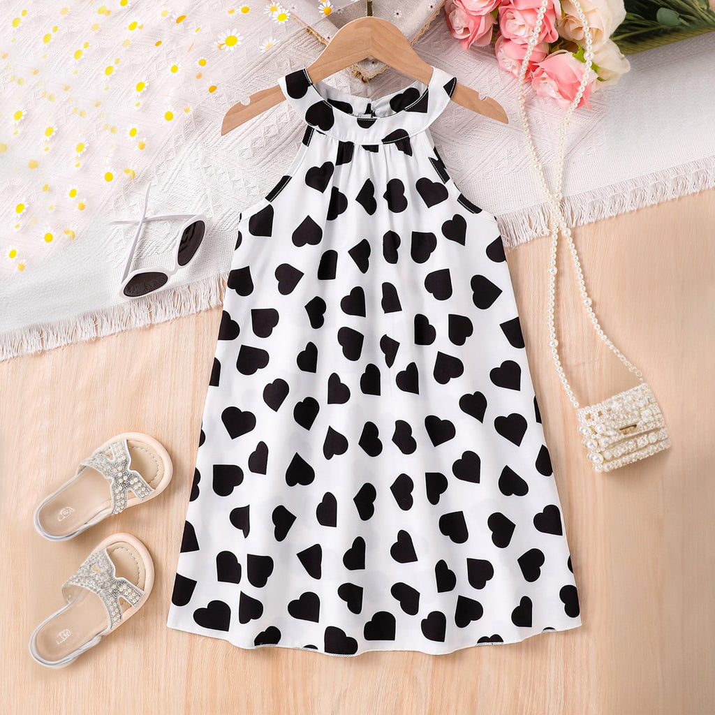 Girls Black Heart Printed Sleeveless Halter Neck A-Line Dress Casual Dresses Black 3-4 Y