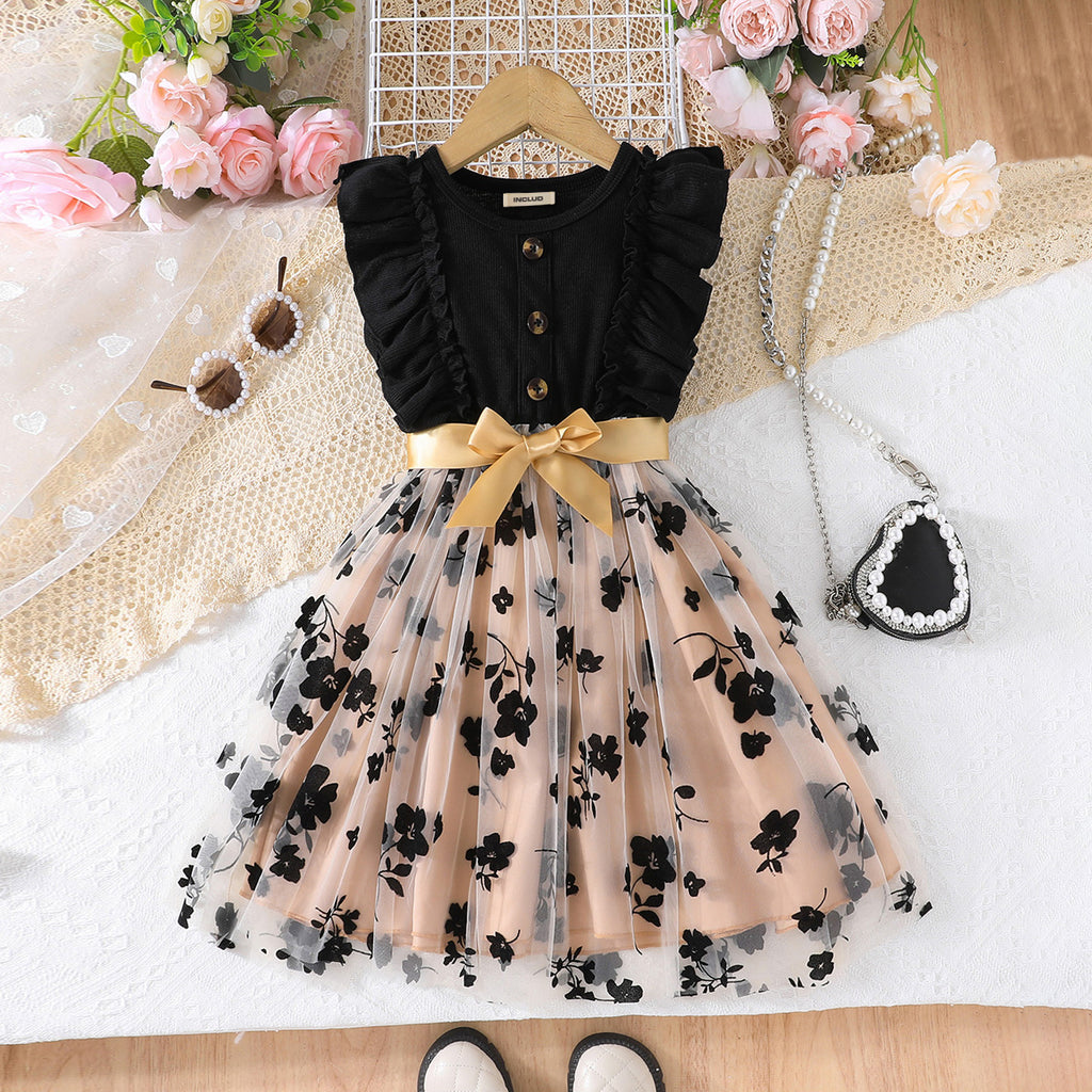 Girls Black Floral Printed Tulle Overlay Fit And Flared Dress Casual Dresses Black 3-4 Y