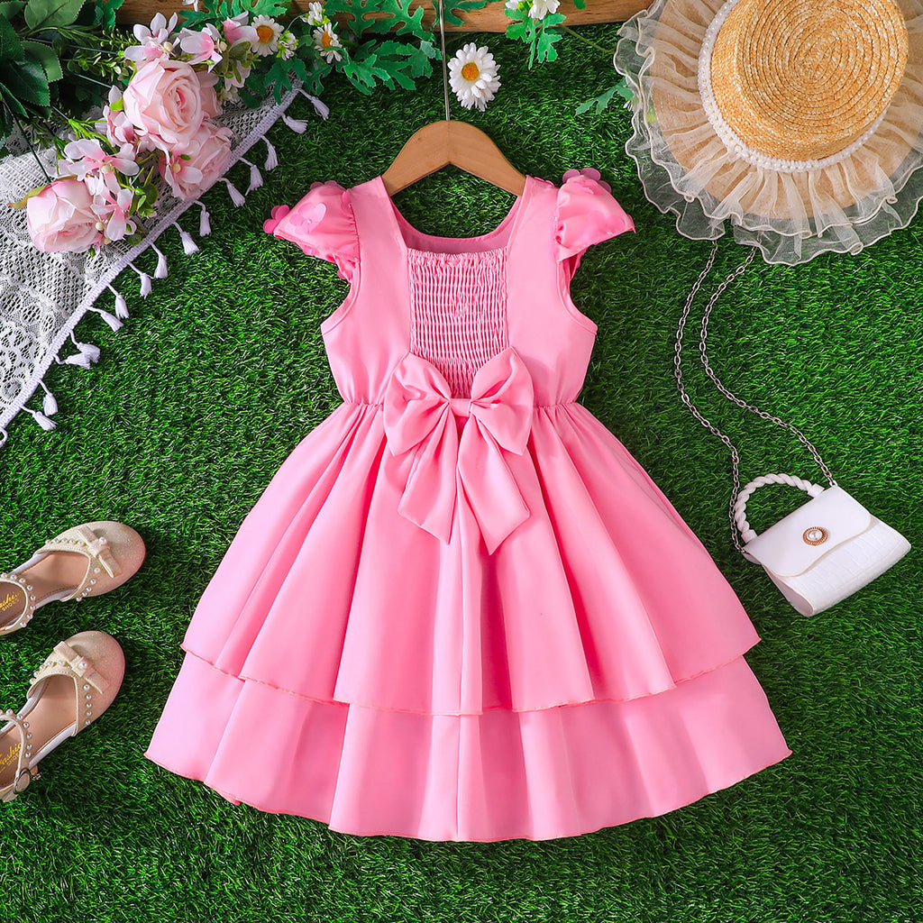 Girls Pink Flowers Applique Cap Sleeves Round Neck Dress Casual Dresses Pink 3-4 Y