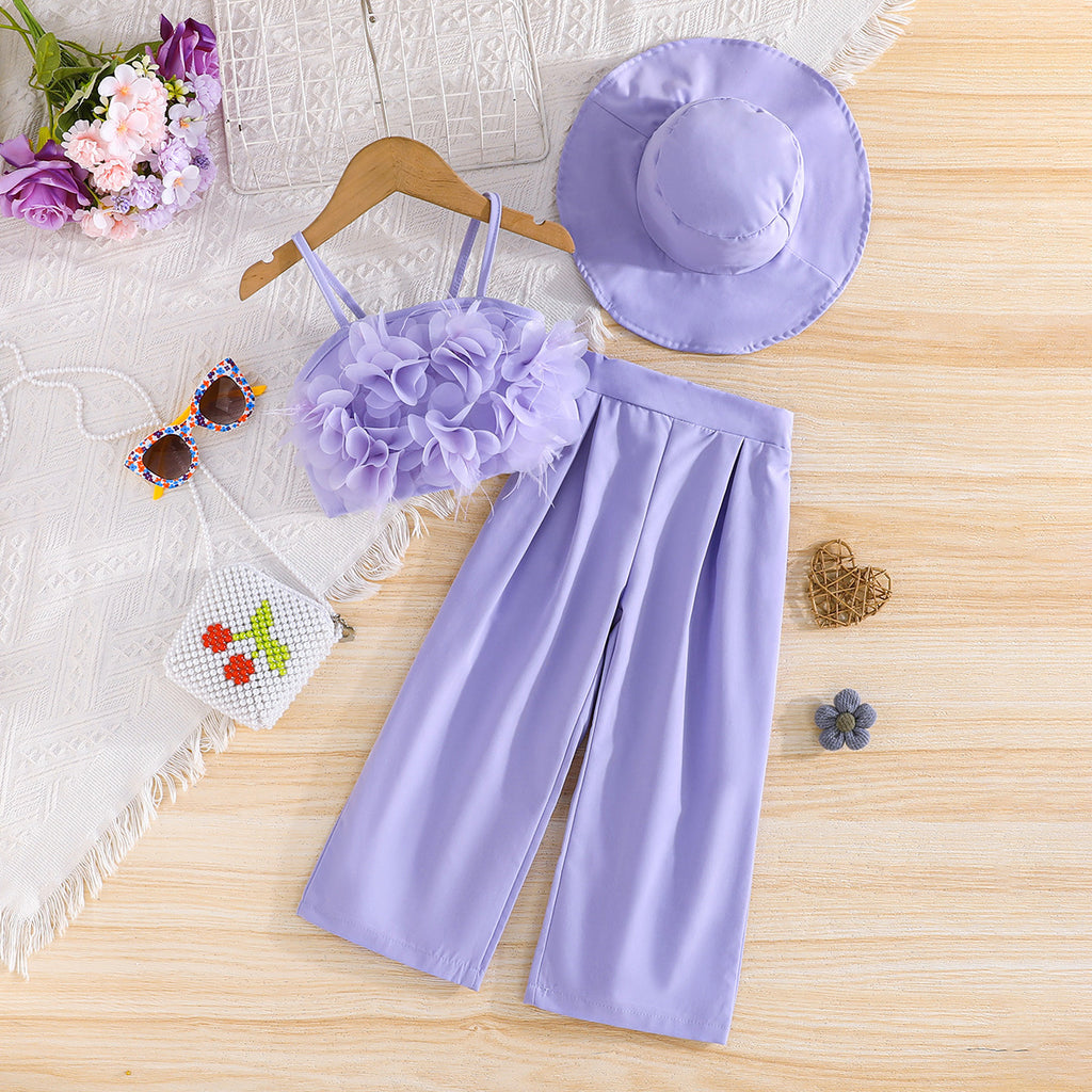 Girls Purple Camisole Applique Top With Hat And Trousers Set 3 pc. Sets Purple 2-3 Y