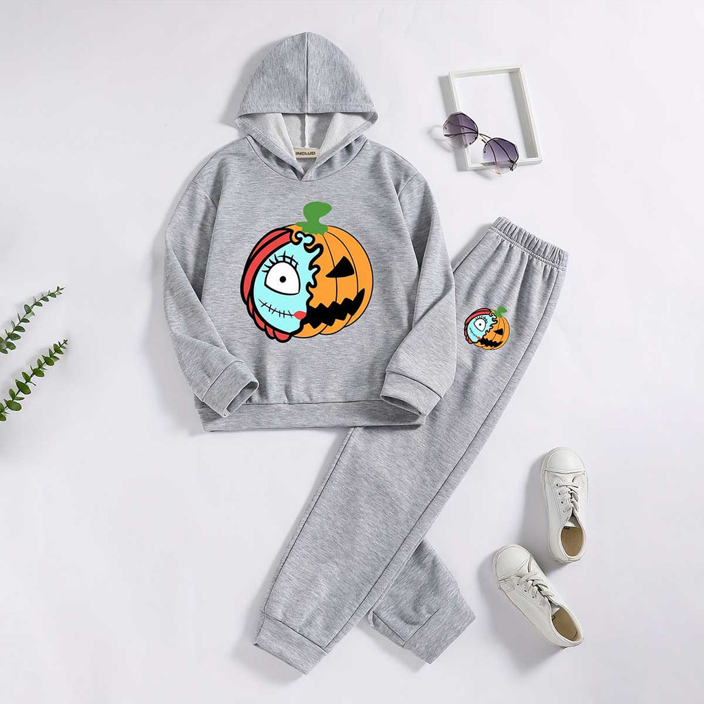 Boys Grey Halloween Pumpkin Printed Hooded Sweatshirt With Joggers Co-ord Set 2 pc. Sets Grey 7-8 Y