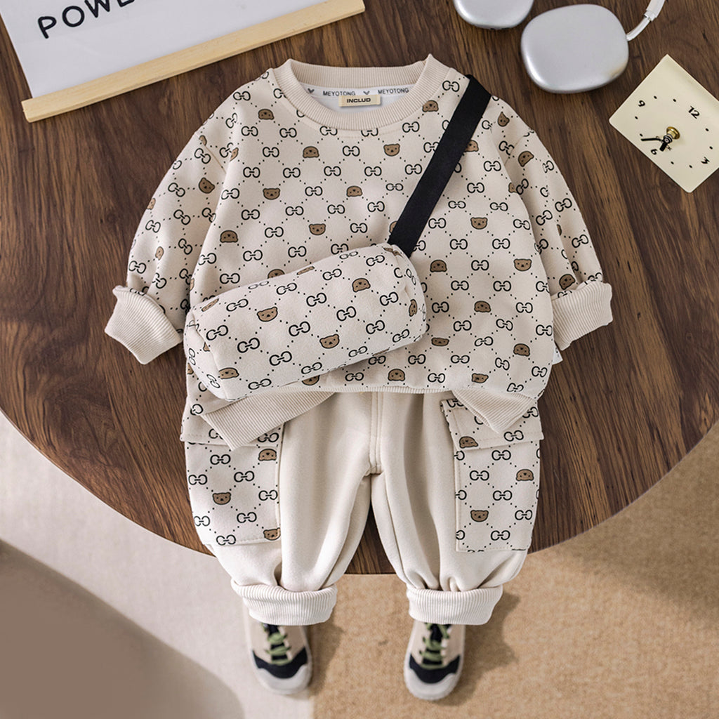 Boys Beige Abstract Printed Sweatshirt With Joggers & Sling Bag Set Sets Beige 1-2 Y