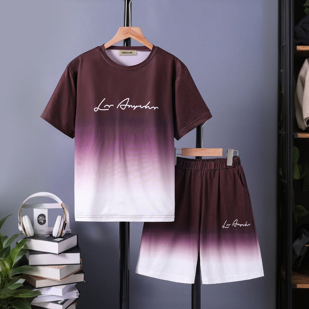 Boys Dark Brown Ombre Printed Short Sleeves With Shorts Set 2 pc. Sets Dark Brown 7-8 Y