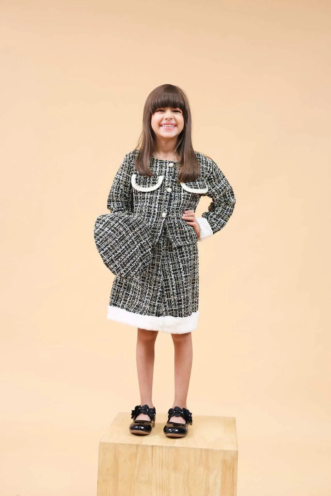Girls Black Texture Crop Length Jacket With Skirt & Hat Set Sets