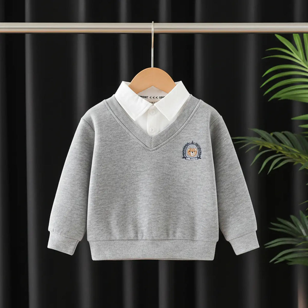 Boys Grey Long Sleeves Sweater With Shirt Collar Sweaters & Cardigans Grey 1-2 Y