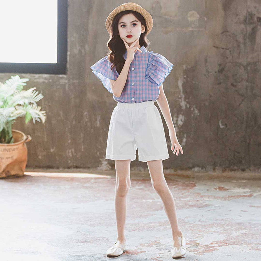 Girls Flared Sleeve Plaid Top With Shorts Set 2 pc. Sets Blue 3-4 Y 
