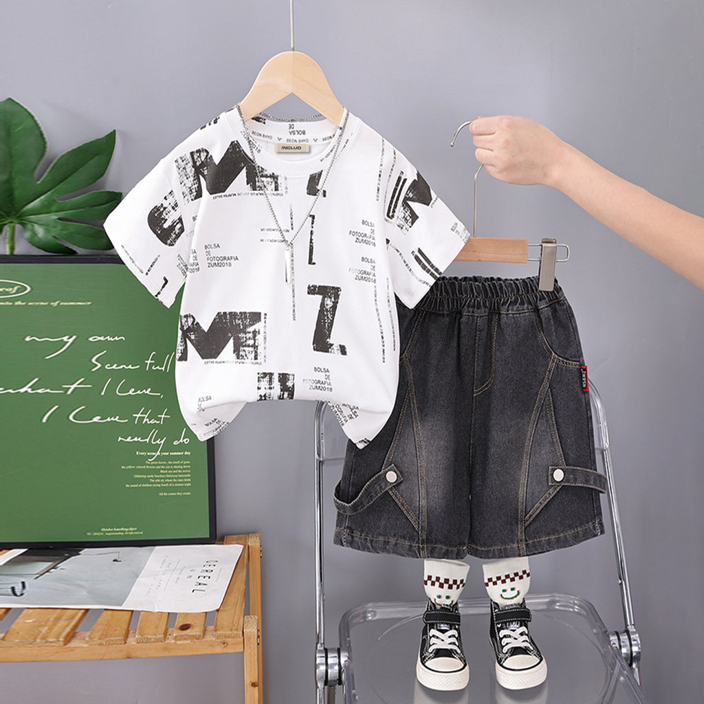 Boys Printed Short Sleeves T-Shirt With Black Denim Shorts Set 2 pc. Sets