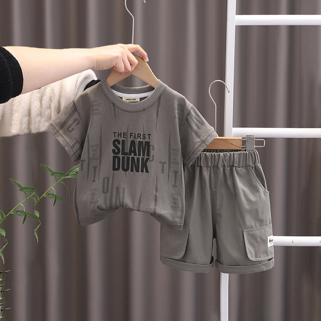 Boys Grey Alphabet Printed Short Sleeves T-Shirt With Shorts Set 2 pc. Sets Grey 1-2 Y