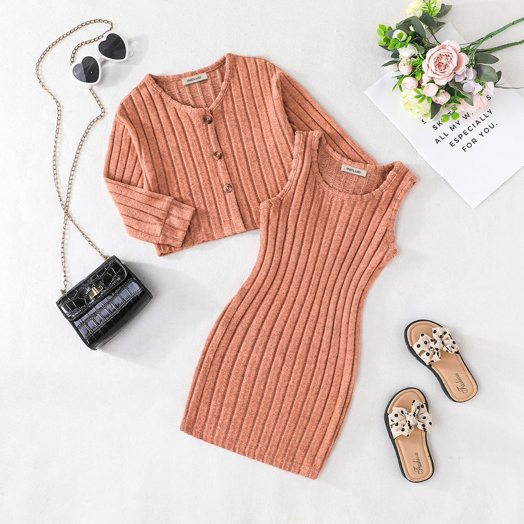 Girls Light Brown Knitted Rib Bodycon Dress With Long Sleeves Cardigan Casual Dresses Light Brown 3-4 Y