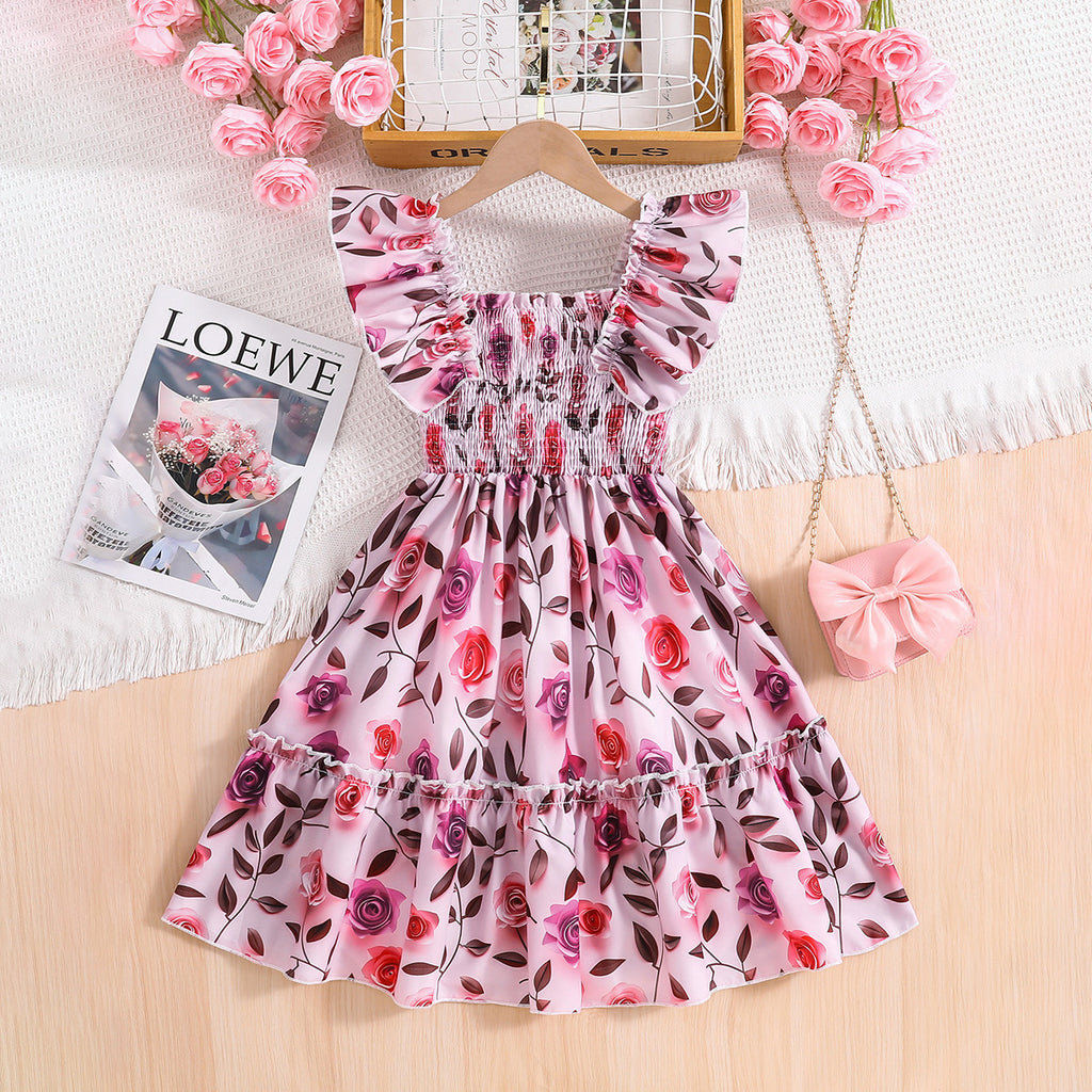 Girls Pink Rose Print Sleeveless Square Neck Fit & Flare Dress Casual Dresses Pink 3-4 Y