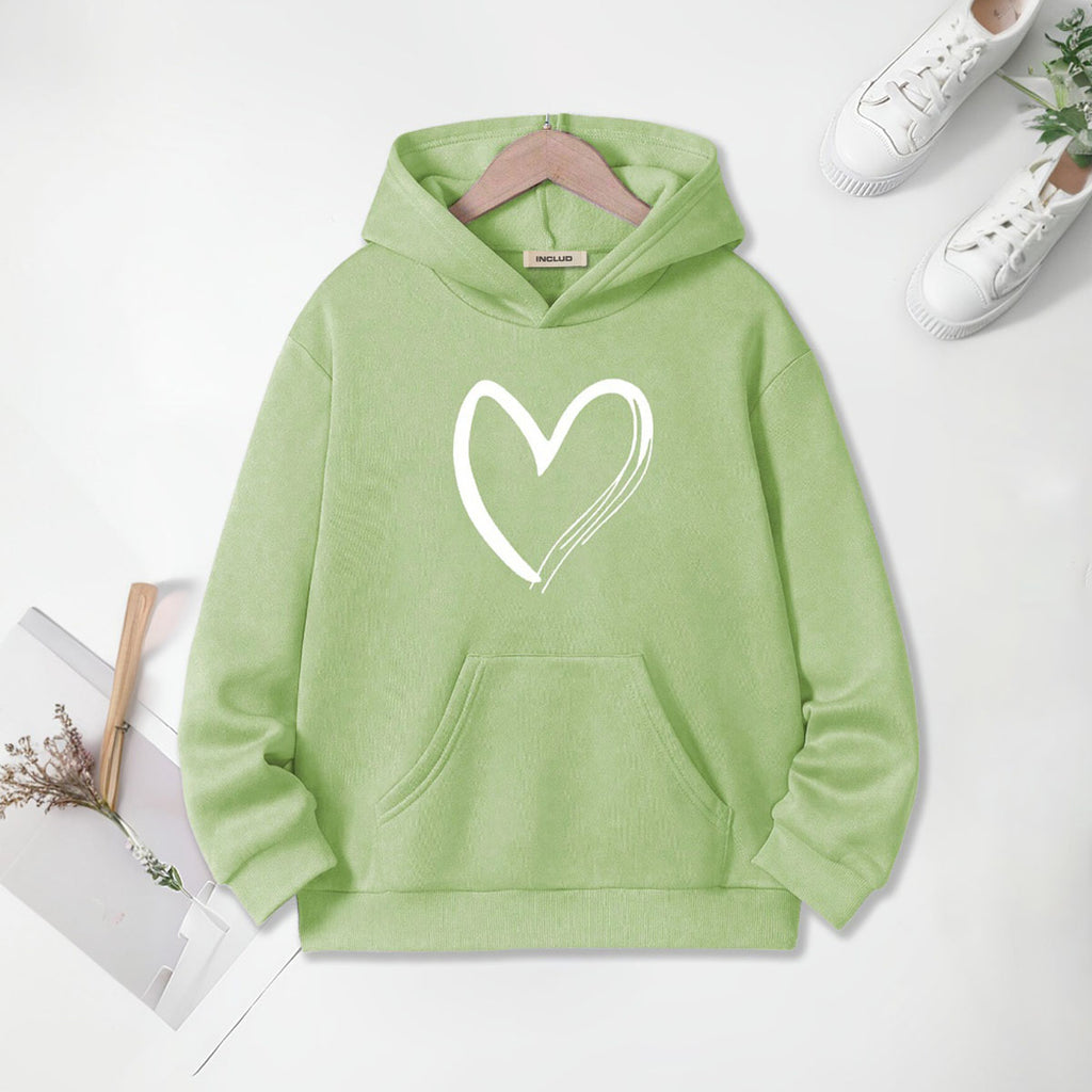 Girls Light Green Heart Printed Hooded Sweatshirt Sweatshirts & Hoodies Light Green 7-8 Y
