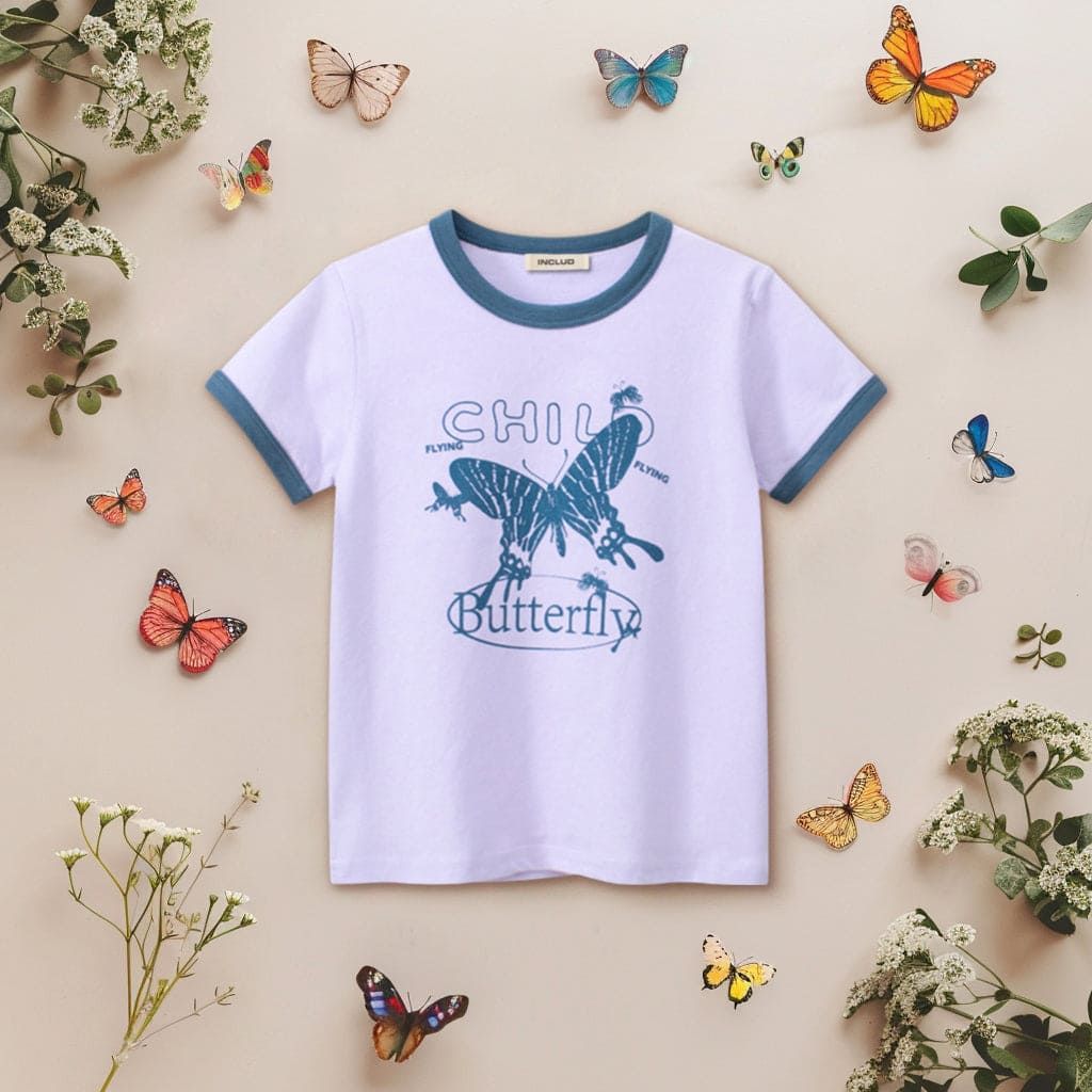 Girls Butterfly Print Short Sleeves T-shirt Tshirts Purple 1-2 Y 
